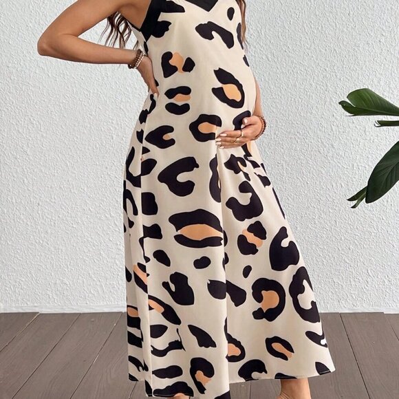 Multicolor Casual Women's Loose Maternity Leopard Print Camisole V-Neck Dress - Picture 5 of 5
